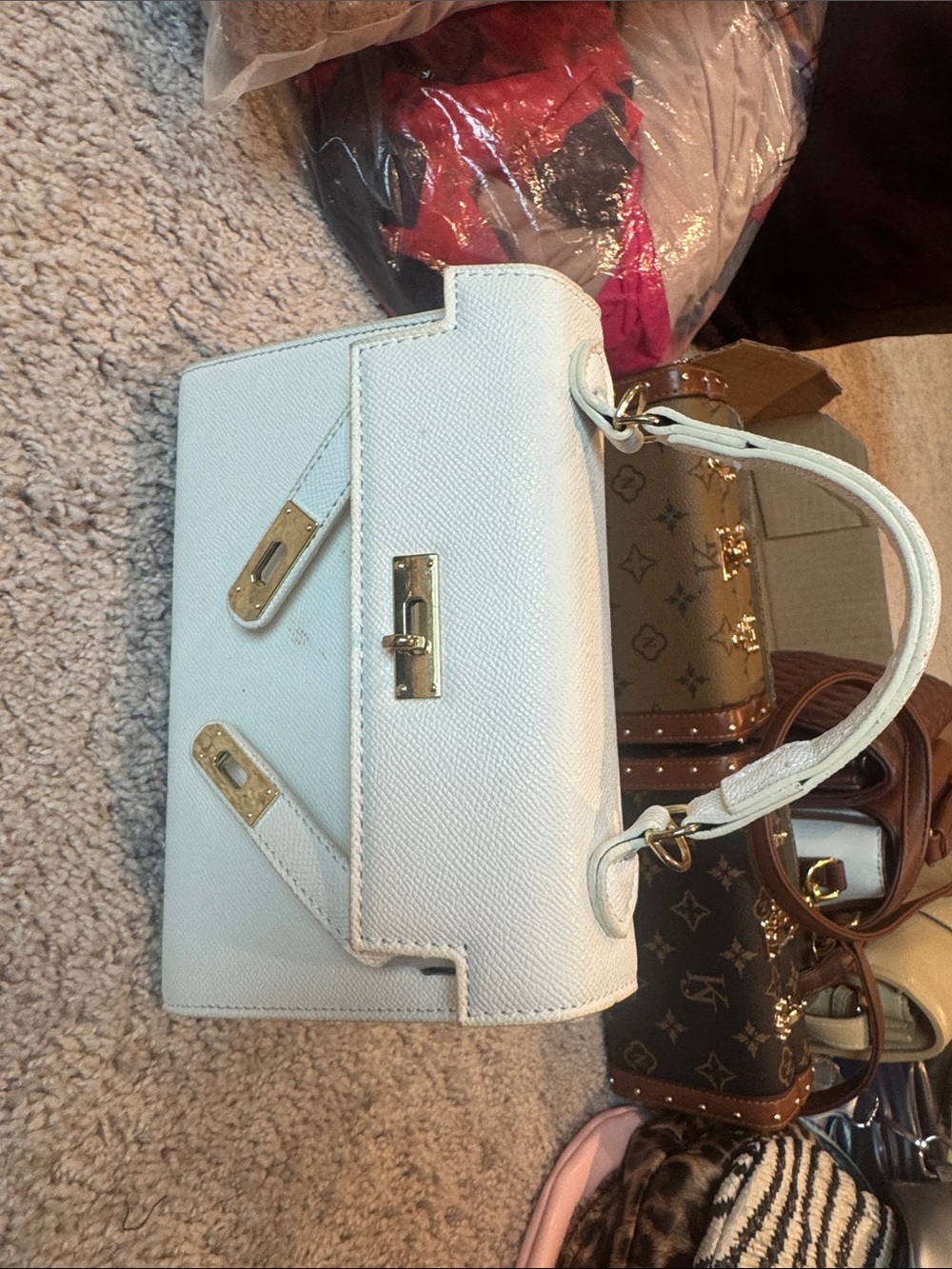 White Structured Top-Handle Women's Bag with Gold Hardware